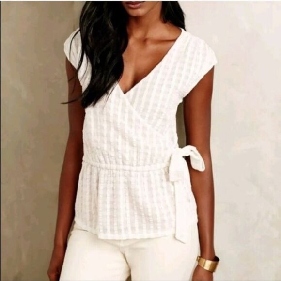 Anthropologie Deletta Size S Beige Malpelo Cap Sleeve Faux Wrap Peplum Blouse - Picture 1 of 13